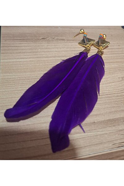 azra takı tasarım Purple Feather Dangle Double Women's Earrings