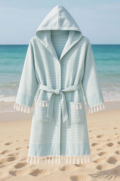 Mira Home Hooded Unisex Peshtemal Beach Bathrobe 100% Cotton Seaside Stripe