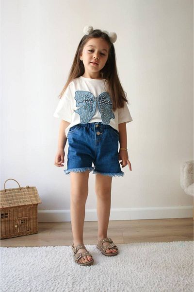 BİR DOZ ÇOCUK GÜLÜŞÜ Special Day Suit with Ribbon on Top, Stone Pailletted Denim Shorts with Pockets