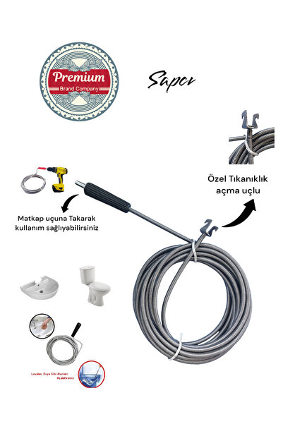 Sapcı Premium 7 metre 9mm Matkaplı Kullanım Lavabo Gider Açıcı Özel Seri Kana...