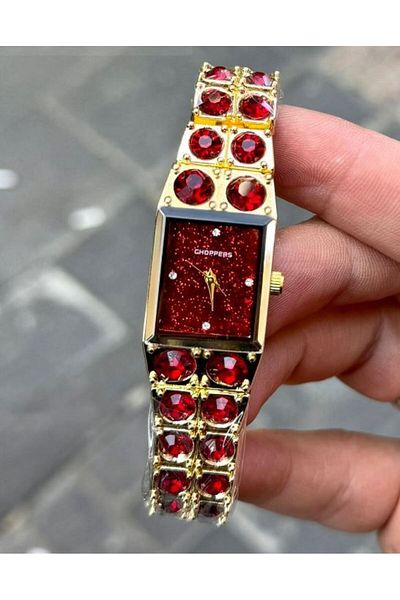 Choppers Brand Red Stone Square Dial Detailed Women's Wristwatch - Luminous and Flashy Design