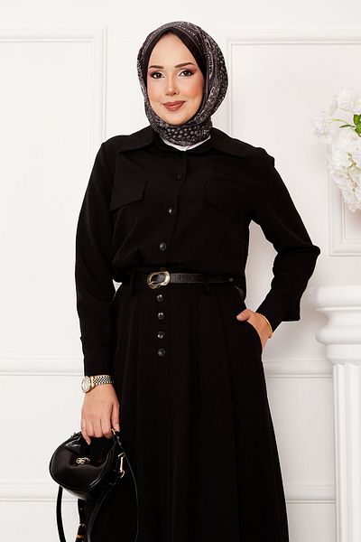 EBRUTESETTÜR Double Hijab Suit with Pleated Skirt and Button Detail