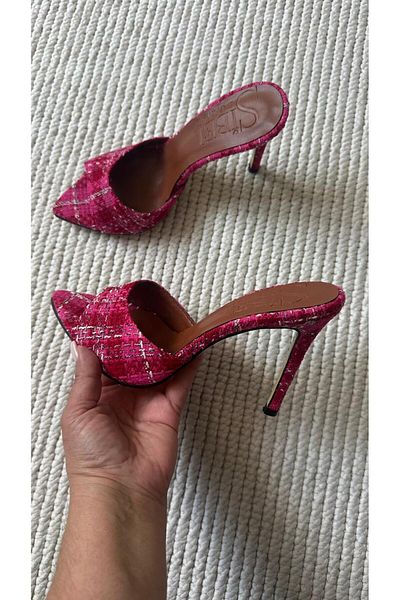Sibel Shoes Olympos Pink Tweed Fabric Thin Heel Slippers