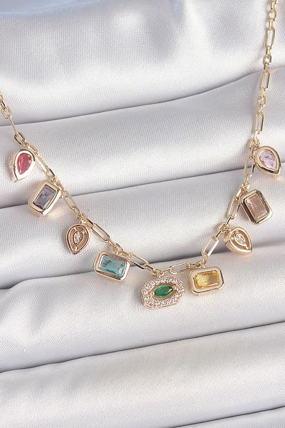 BESKAR Row Mixed Color Zircon Stone Gold Brass Necklace