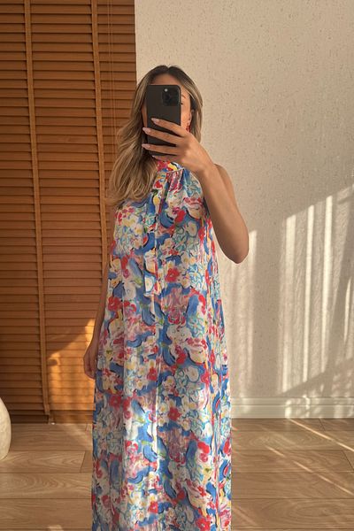 Mucios Halter Neck Floral Patterned Long Dress Blue