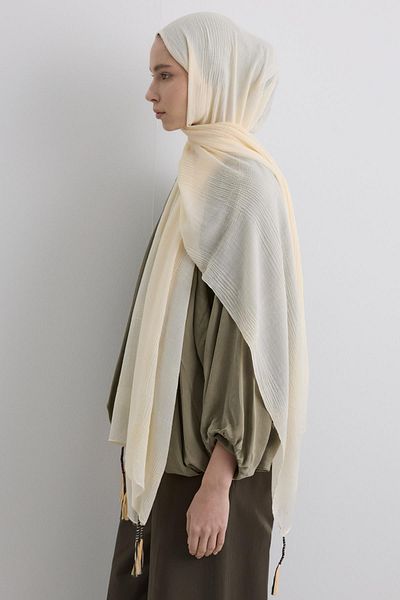 Fenza Brice Live Cream Long Fringe Tassel Cotton Shawl