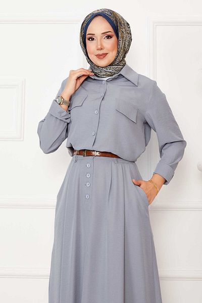 EBRUTESETTÜR Double Hijab Suit with Pleated Skirt and Button Detail