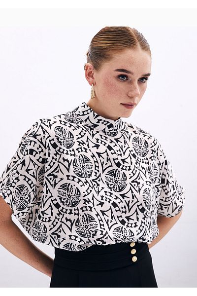 Sateen Short Sleeve Patterned Bluz