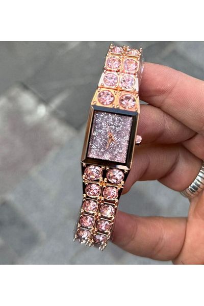 Choppers Brand Pink Stone Square Dial Detailed Women's Wristwatch - Shimmering and Flashy Design