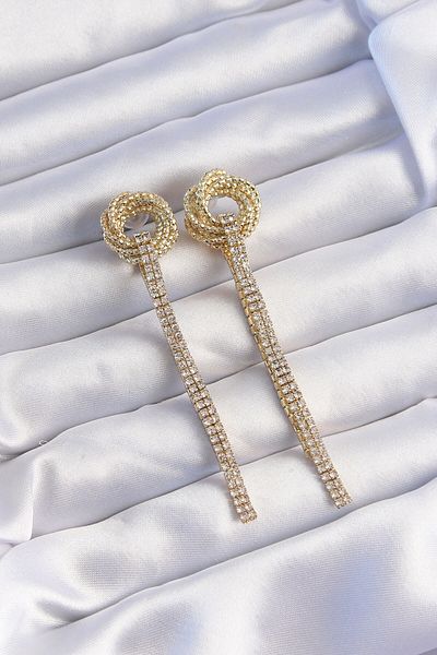Skygo Brass Gold Color Zircon Stone Curved Detail Dangle Earrings - Tj-Bkp9254