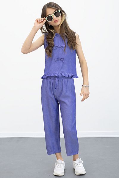 Cansın Mini Set 2 piese pentru fetiță cu fundă albastră, pantaloni Capri cu mânecă zero și pantaloni Capri 21103