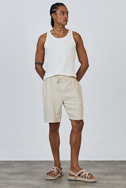 MADZEYMODA Premium Men's Elastic Waist 100% Cotton White Striped Ecru Woven Shorts Ls-93111