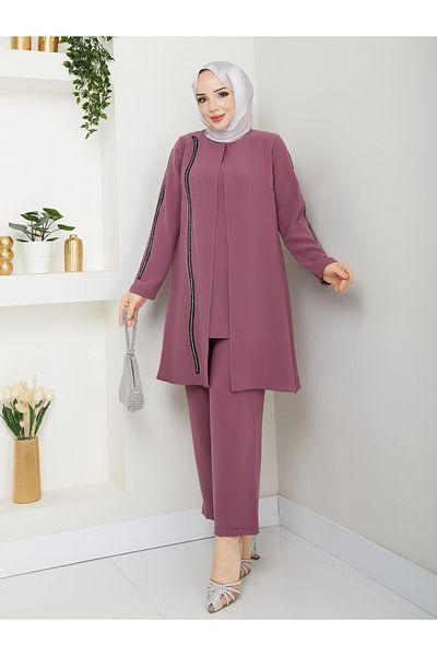 KMKkombin Honeycomb Fabric Women's Mom Suit with Striped Stone Pants