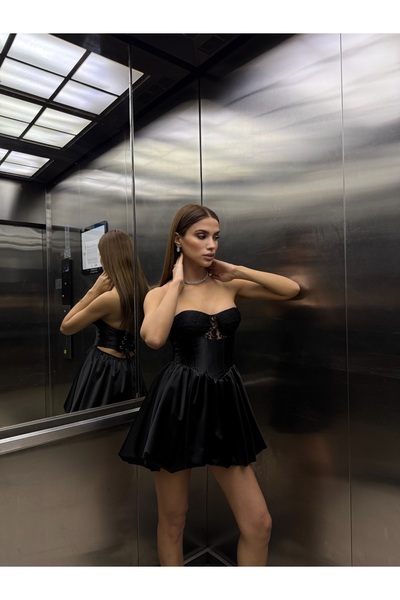 Friday Mood Women's Satin Balloon Dress with Eyelet Back and Lace Detail