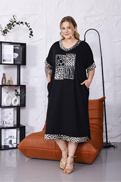 Siyezen Large Size Leopard Stone Detailed Oversize Dress
