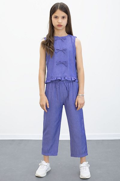 Cansın Mini Set 2 piese pentru fetiță cu fundă albastră, pantaloni Capri cu mânecă zero și pantaloni Capri 21103