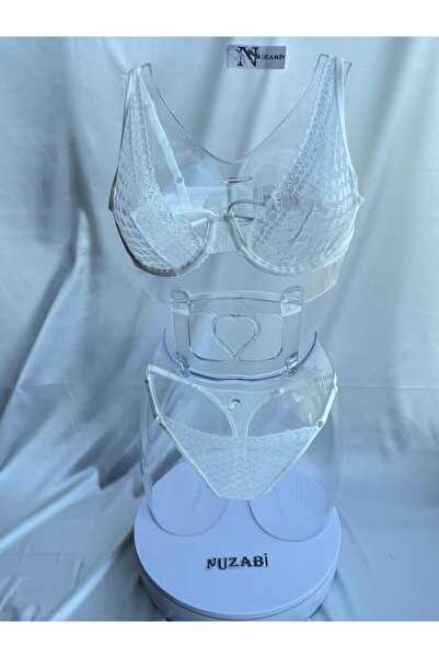 Nuzabi Σετ Γυναικείο Σουτιέν και Στρινγκ Perla με Δαντέλα Χωρίς Κάλυψη σε Λευ...