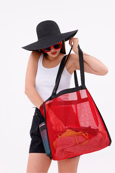 İNKOHA Sandproof Mesh Beach Bag Red – Large Volume Women's Summer Sea Bag