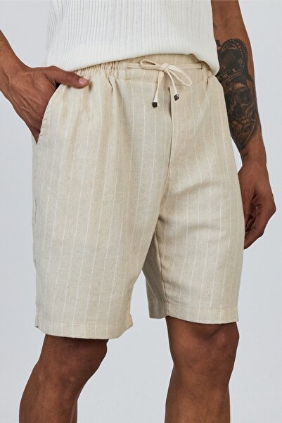 MADZEYMODA Premium Men's Elastic Waist 100% Cotton White Striped Ecru Woven Shorts Ls-93111