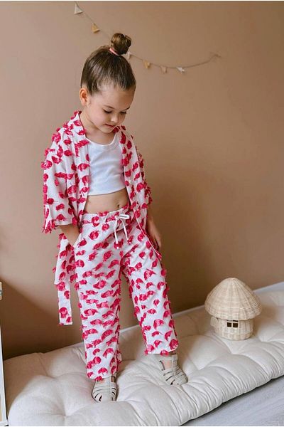 Magu Girl's Cotton White Tassel Detailed Kimono and Pants Set