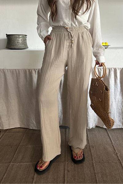 macharel jeans Φαρδύ παντελόνι από λινό μουσελίνα με φαρδιές τσέπες