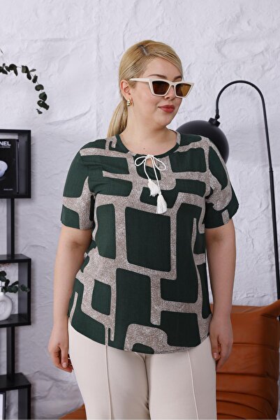 Siyezen Large Size Lace Detailed Patterned Blouse