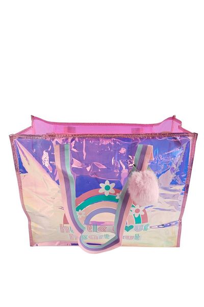 Dream Vest Pink Hustle Your Heart Out Printed Beach Shoulder Bag with Transparent Hologram