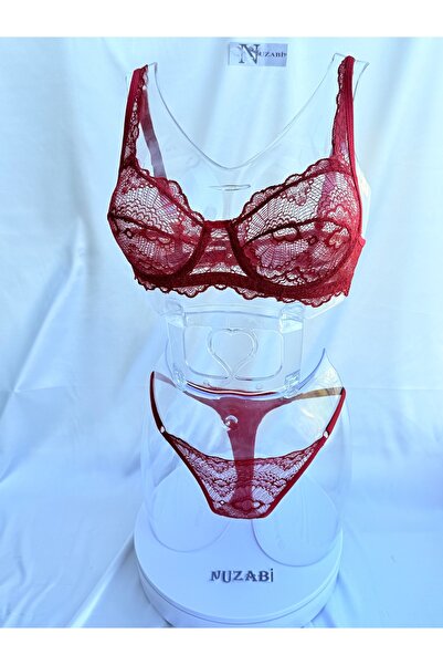 Nuzabi Σετ γυναικείο σουτιέν με δαντέλα μακριά, χωρίς κάλυμμα, σε χρώμα μπορν...