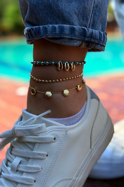 Trendy Butik طقم خلخال صيفي مكون من 3 قطع (صدف، خرز فيروزي)
