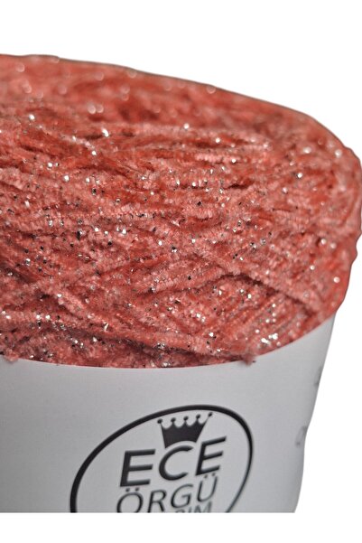 Ece Örgü Tasarım Atölyesi Pembe rengi, gold sim karışımı ince kadife el örgü ipi (200 gr.)