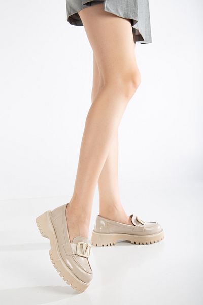 ESPEDA Comfortable and Fashionable Laofer Shoes, Beige with Buckle Orthodox Insole 4 cm Topok 66525