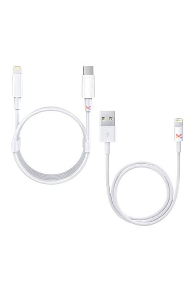 Evelise Set of 2 Data and Charging Cables, 1 x Type-C / Lightning and 1 x USB / Lightning, White, 2A, 1 M