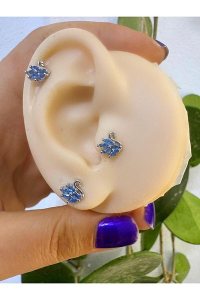 Arescollection 1 Piece Blue Zircon Stone Swan Tragus Helix Cartilage Lobe Matching Piercing Earring