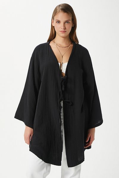 Ritnice Kimono negru cu șireturi Sandra, 100% bumbac, muselină