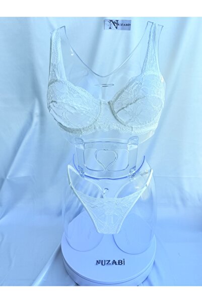 Nuzabi Σετ στρινγκ γυναικείο σουτιέν με μακριά δαντέλα σε λευκό χρώμα Luna Ba...