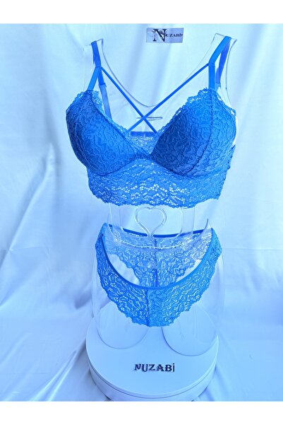 Nuzabi مجموعة Belinda Blue Cross String بدون مشدات من الدانتيل بدون حشوة