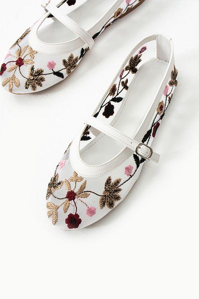 ELAIA SHOES Țesătură din tul Lilia Broderie Broderie Balerina de damă Albă