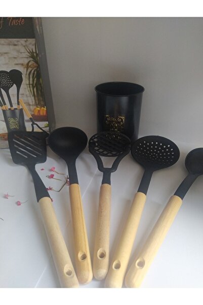 DİBA AVM 6-Piece Wooden Handle Service Set with Metal Stand Ladle Set - Wooden Service Set with 6-Piece Stand