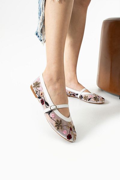 ELAIA SHOES Țesătură din tul Lilia Broderie Broderie Balerina de damă Albă