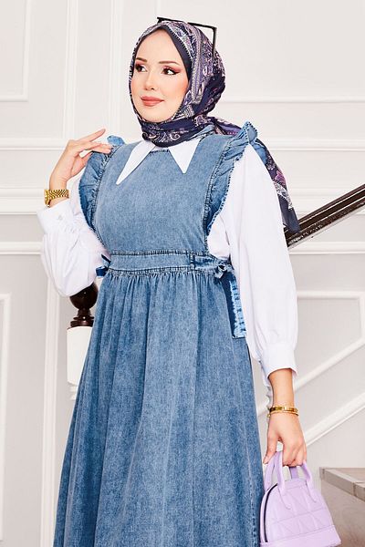 EBRUTESETTÜR Side Tie-Up Shoulder Ruffled Hijab Denim Gilet