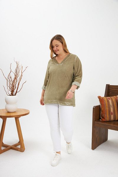 RMG Sequin Detailed Large Size Washable Blouse Khaki