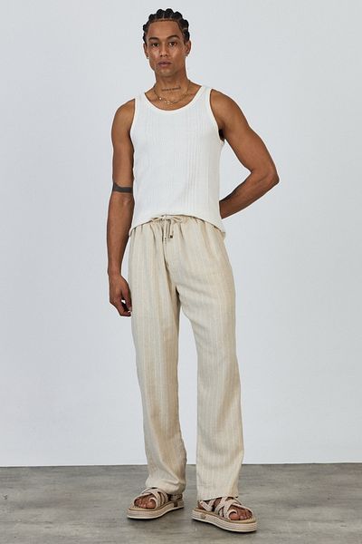 MADZEYMODA Premium φαρδύ καλούπι 100% βαμβακερό ελαστικό στη μέση Λευκό ριγέ υφαντό παντελόνι εκρού LS-23105