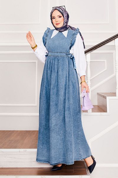 EBRUTESETTÜR Side Tie-Up Shoulder Ruffled Hijab Denim Gilet
