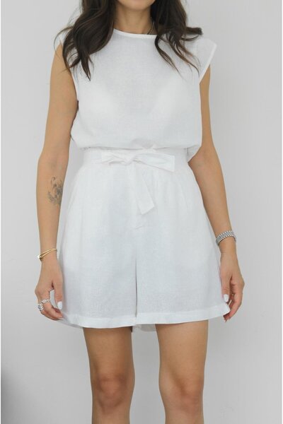 Havoş Ecru Belted Linen Shorts