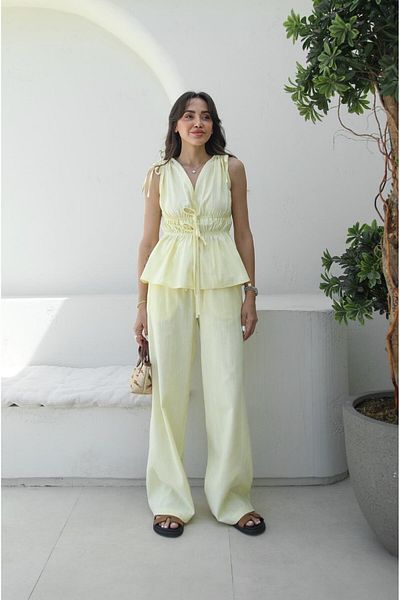 Havoş Yellow Rubber Detailed Blouse Trousers Set