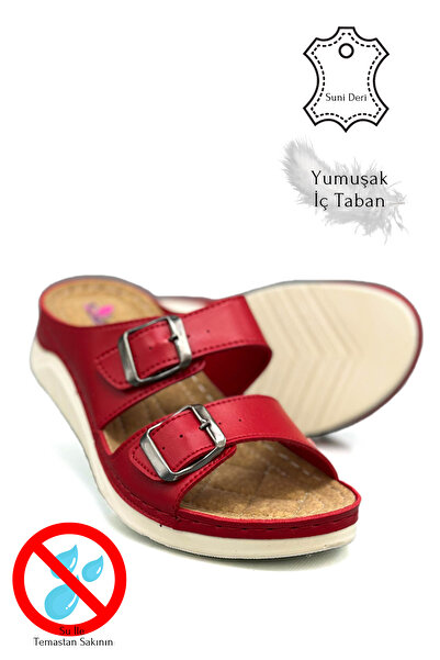 Moda Anna Διπλή ζώνη πόρπη Μαλακή και ελαφριά χοντρή σόλα Γυναικείες παντόφλες Αθλητικές παντόφλες 521/1 Κόκκινο