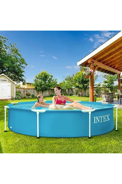 Intex مجموعة حمام سباحة بإطار معدني دائري الشكل باللون الأزرق 25.4 × 17.5 × 94.6 سم