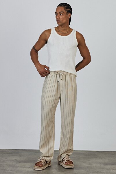 MADZEYMODA Premium Baggy Fit 100% Cotton Elastic Waist Black Striped Ecru Woven Pants Ls-23105