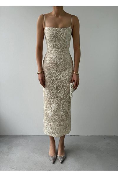 Julidress Μπεζ Κεντημένο Φόδρα Κορδόνι Μίντι Μήκος Premium Φόρεμα