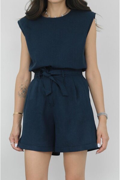 Havoş Navy Blue Belted Linen Shorts